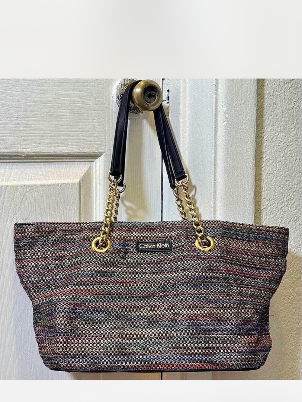 Calvin Klein Multicolor Striped Tote with Gold Chain Handles